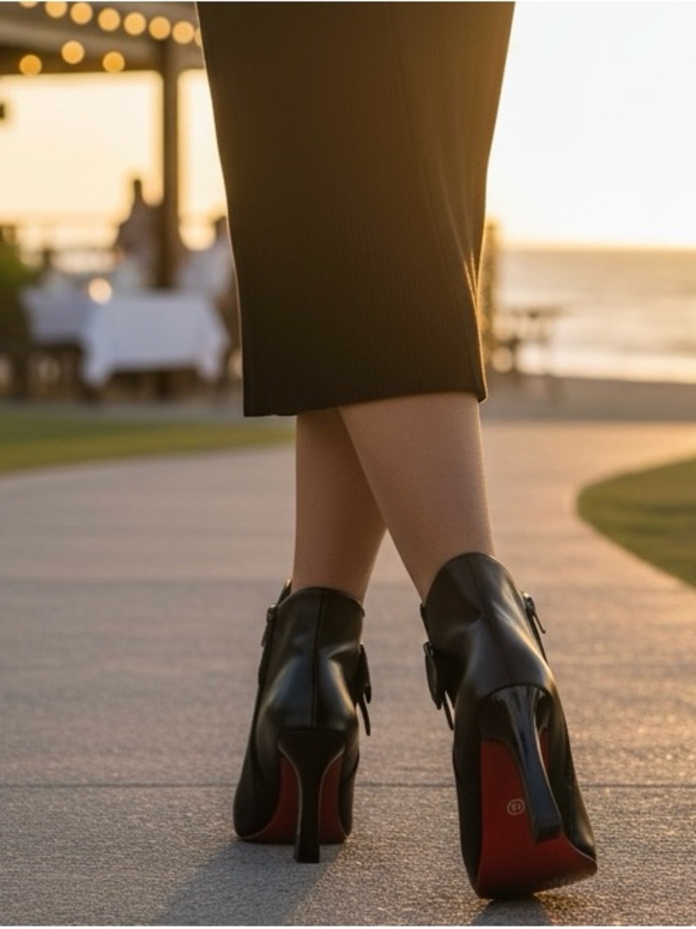 Source Unknown Black Leather Ankle Boots with Red Soles